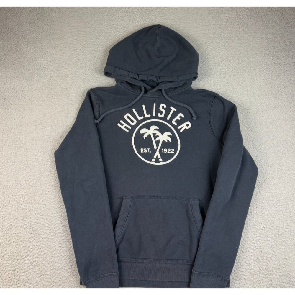 Y2K Hollister Hoodie Mens Small Embroidered Sweatshirt Jumper Navy Blue Pullover